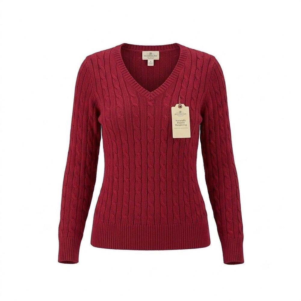 St. John's Bay Women's Red Cable Knit V-Neck Sweater Size Small NWT